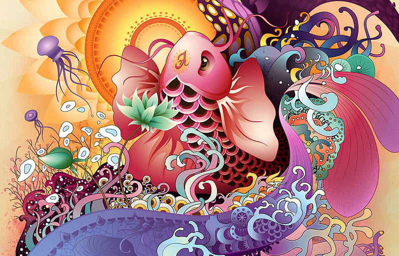 KOI FISH ILLUSTION, colorful, japan, fish koi, HD wallpaper