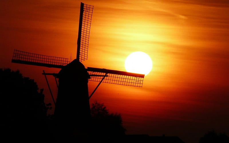 Sunset, nature, mill, wind, HD wallpaper