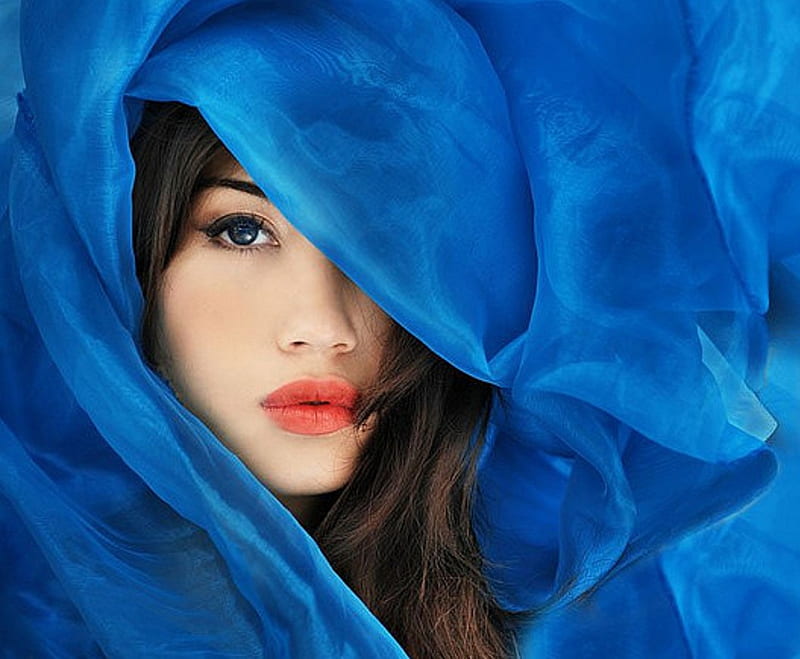 Blue Veiled Beauty, bonito, silk, woman, elegant, women, veiled woman, graphy, people, figure, face, girls, red lips, models female, vogue, female, brunette, girl, fashion, HD wallpaper