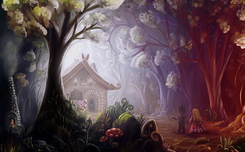 Hansel and Gretel, gretel, candy house, hansel, woods, HD wallpaper