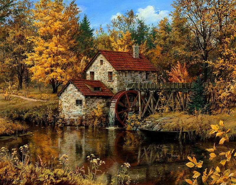 Watermill, countryside, art, fall, autumn, water, mill, painting, bonito, pond, HD wallpaper