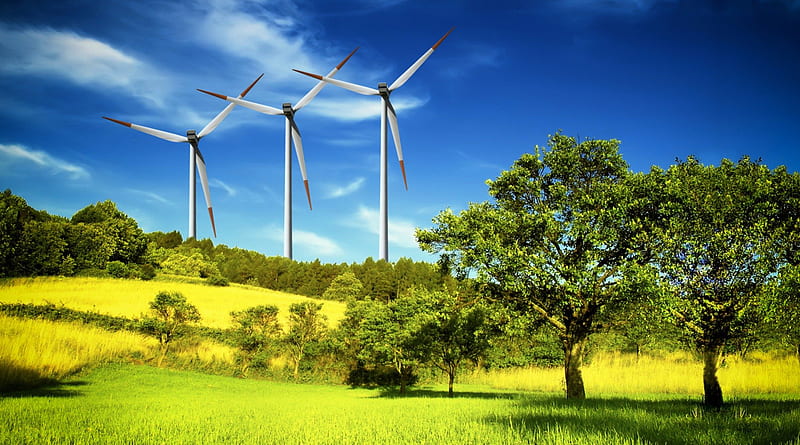 turbine windmills on a grassy hill, turbines, windmills, grass, trees, sky, hill, HD wallpaper