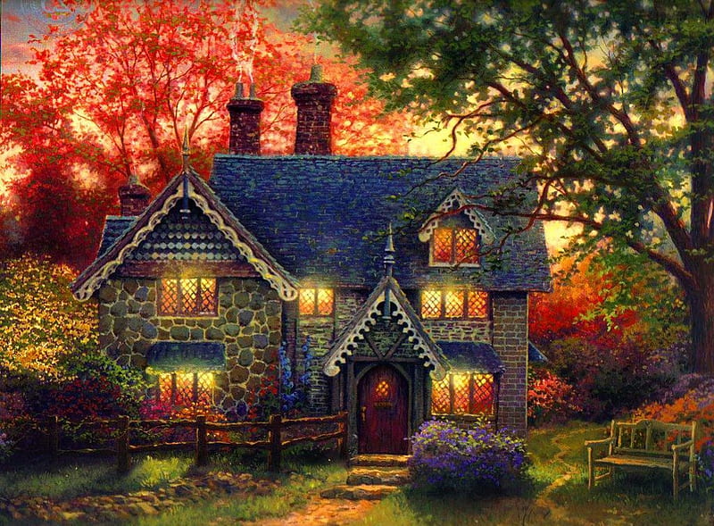 Paradise house, pretty, colorful, house, glow, dreamy, cottage, cabin ...