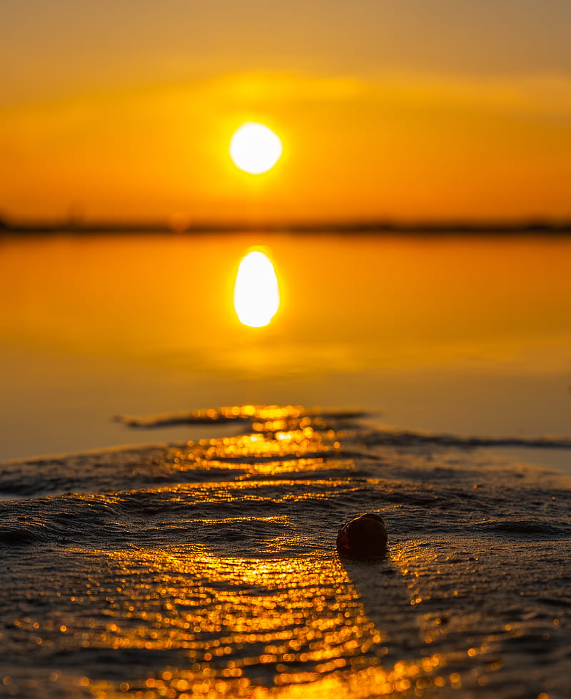 sunset, sun, beach, sand, water, reflection, HD phone wallpaper
