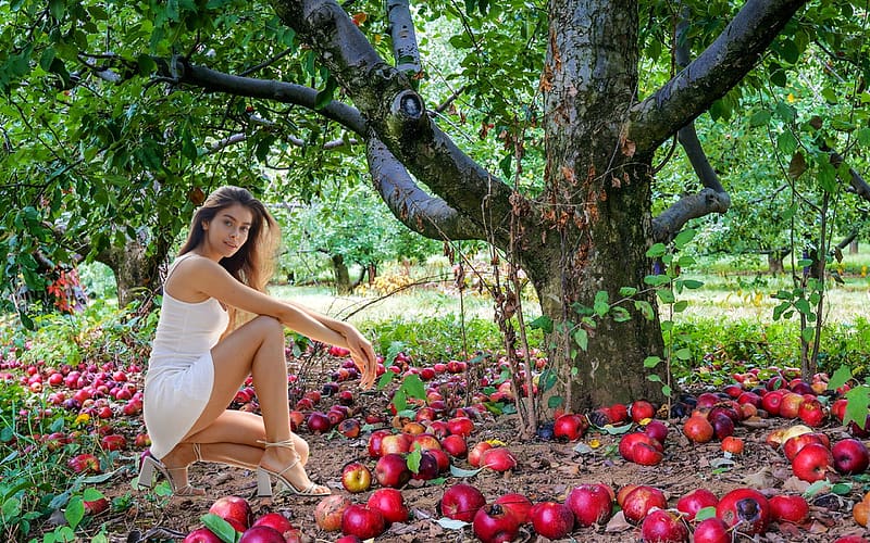 Alissa Foxy under a Apple Tree, apples, model, blonde, high heels, smile, dress, tree, HD wallpaper