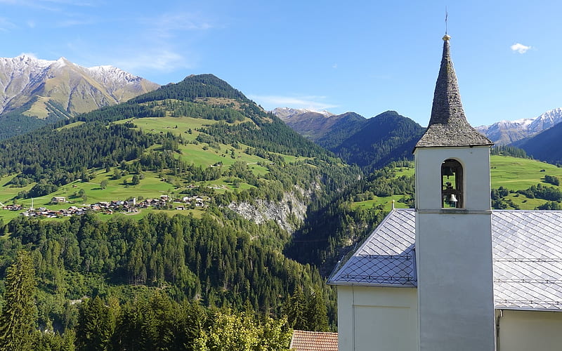 Church in Mountains, bell, mountains, church, village, HD wallpaper