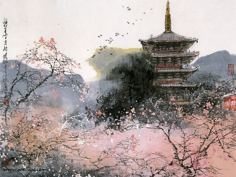 chinese painting, pagoda, painting, blossoms, garden, bonito, chinese, HD wallpaper