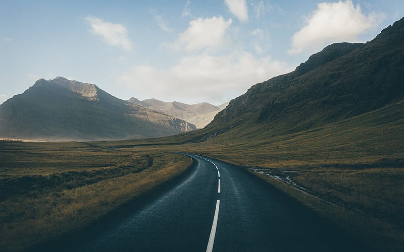 Iceland, mountains, road, valley, HD wallpaper