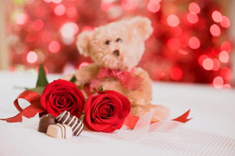 Sweet Valentine Day, romantic, romance, valentine day, rose, teddy, chocolate, ribbon, valentine, roses, lights, sweet, red rose, cute, graphy, love, teddy bear, HD wallpaper