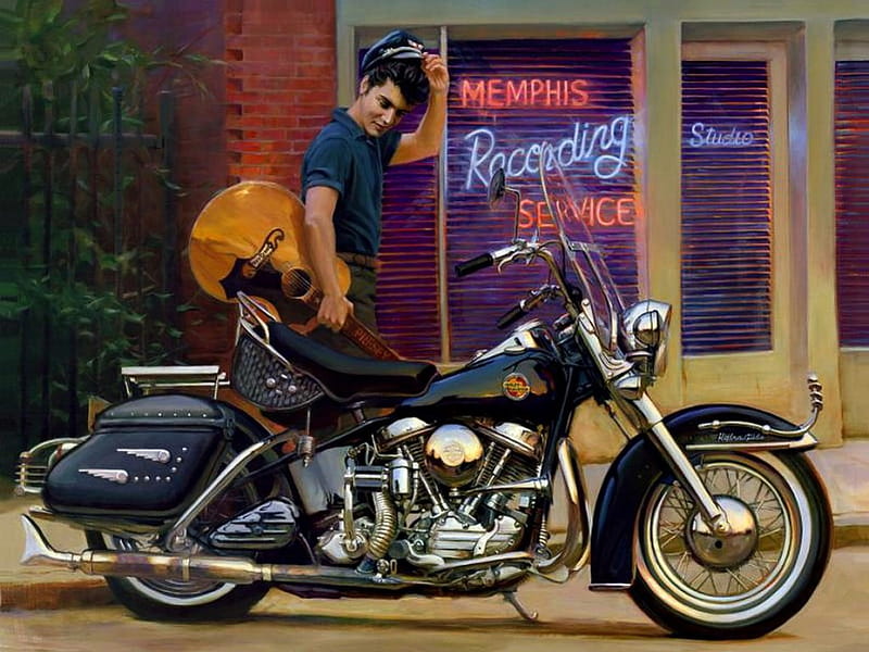 Elvis admiring His Harley, elvis, fantasy, abstract, harley, HD wallpaper