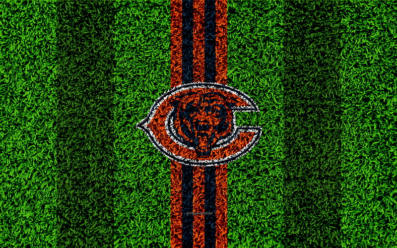 Chicago Bears, logo grass texture, emblem, football lawn, orange blue lines, National Football League, NFL, Chicago, USA, American football, HD wallpaper