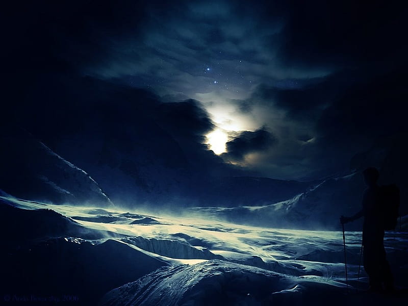 Winter Magic, stars, deep snow, hiking, moonlight, night, winter, HD wallpaper