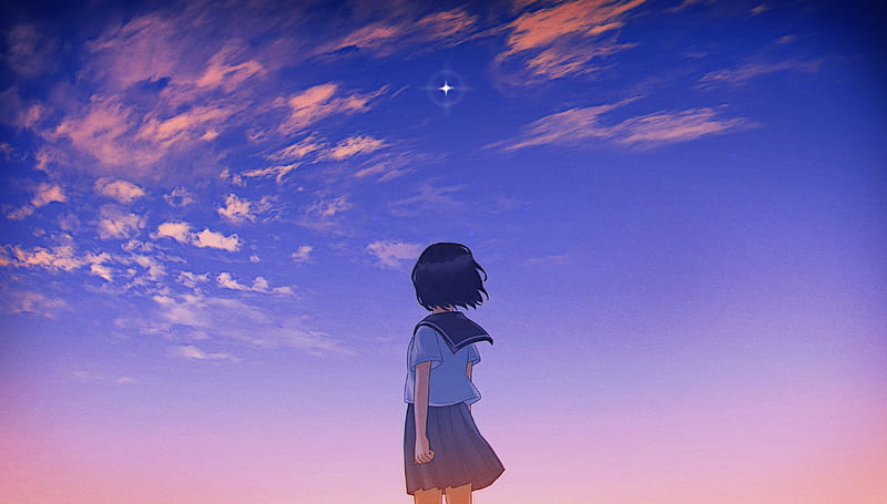 Anime school girl, sunset, scenic, back view, clouds, sky, stars, Anime, HD  wallpaper | Peakpx