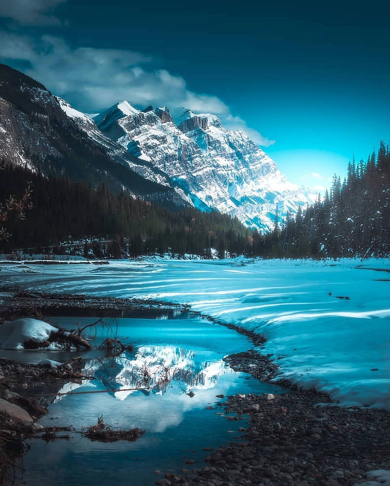 Icy River, winter, ice, snow, blue, mountain, water, HD phone wallpaper