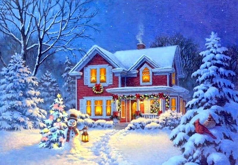 Christmas Greetings, Christmas, holidays, houses, love four seasons, christmas trees, snowman, xmas and new year, winter, greetings, cardinals, paintings, snow, HD wallpaper
