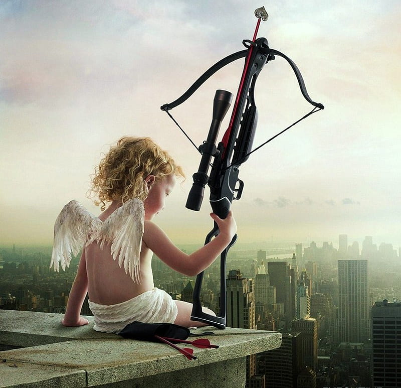 Cupid in New York, wings, new york, little, atop building, angel, bow, bow and arrows, arrow, cupid, love, HD wallpaper