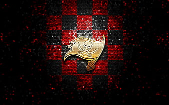 Tampa Bay Buccaneers, glitter logo, NFL, red black checkered background, USA, american football team, Tampa Bay Buccaneers logo, mosaic art, american football, America, HD wallpaper