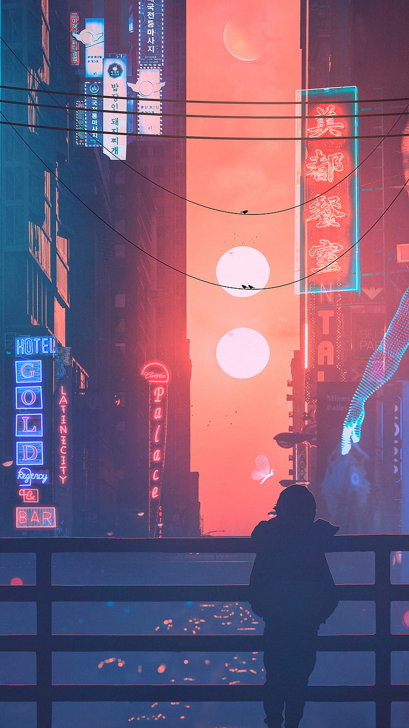 Cybercity, boy, cyberpunk, feelings, futuristic, planet, sun