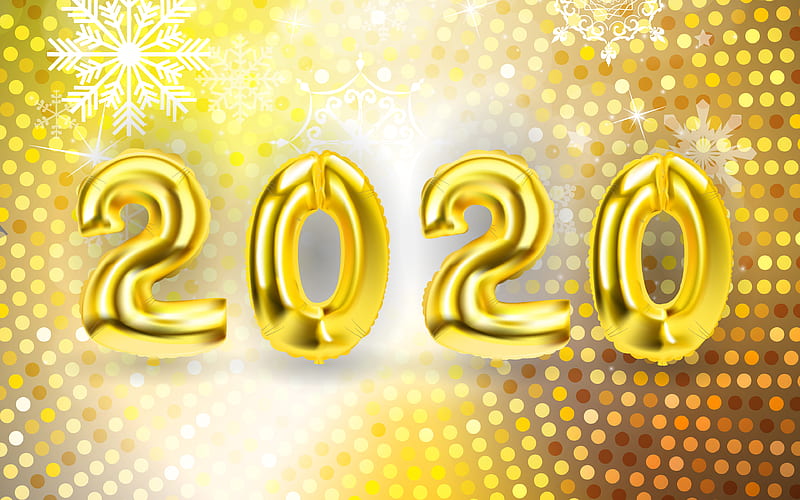 Happy New Year 2020 golden balloons, 2020 3D digits, xmas decorations, 2020 3D art, 2020 concepts, 2020 on golden background, 2020 year digits, HD wallpaper