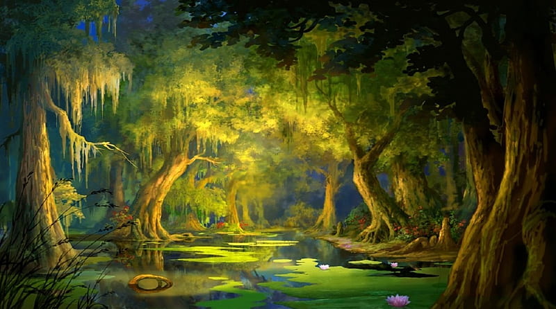 Mystical Forest, draw and paint, lotus, love four seasons, attractions in dreams, trees, pond, paintings, flowers, nature, forests, HD wallpaper
