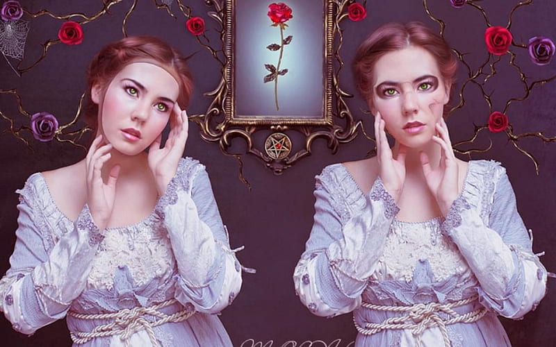 the twins, flower, mirror, twins, girl, HD wallpaper