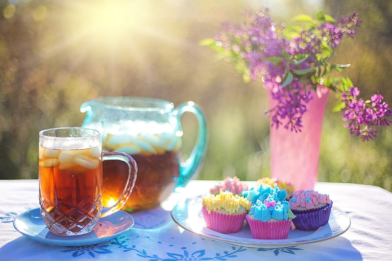 Ice tea, vara, jill wellington, time, summer, flower, cupcake, glass, pink, blue, HD wallpaper