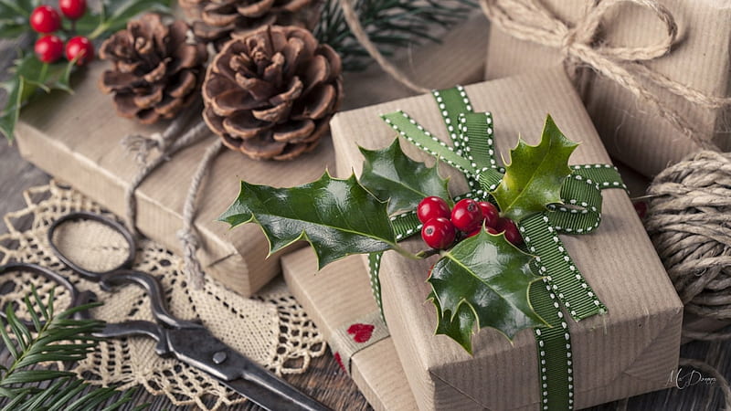 Home for the Holidays, feliz navidad, wrapping, holly and berries,  christmas, HD wallpaper | Peakpx