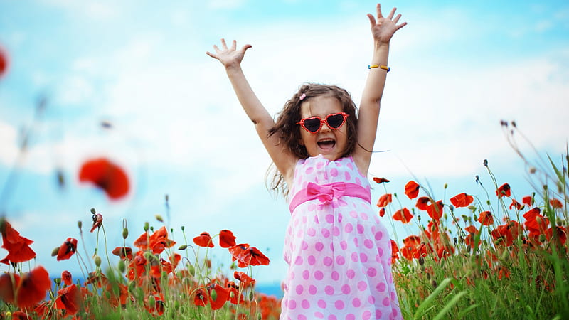 Delightful Girl Child With Sunglass Around Red Flowers In Background Of Blue And Cloudy Sky Cute, HD wallpaper
