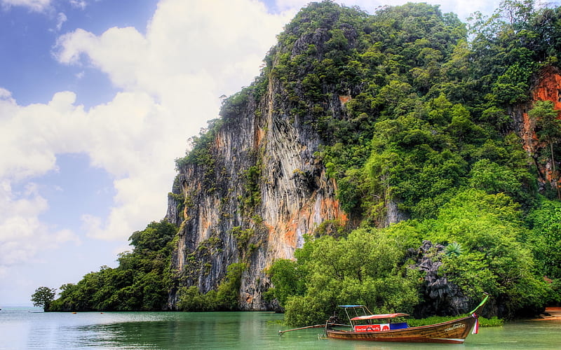 Thailand, Phuket, sea, tropical islands, boat, tourism, rocks, HD wallpaper