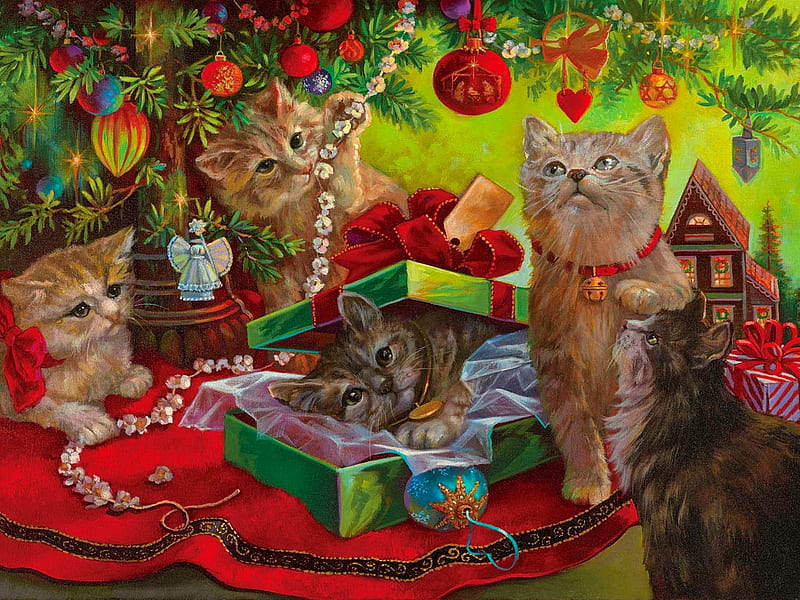 Kissmas play toys, sweet, play, toys, art, holiday, christmas, fluffy, kittens, adorable, winter, cute, funny, gifts, HD wallpaper