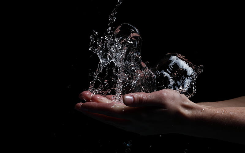 water in hands, splashes of water, hands on a black background, water concepts, Save water, HD wallpaper