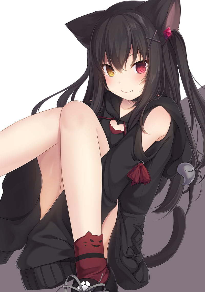 anime girl with black hair and cat ears