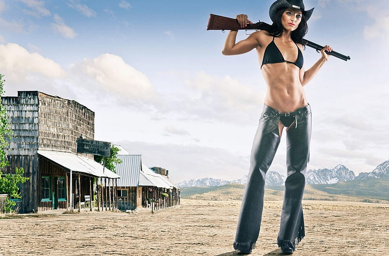 New Cowgirl in Town, hills, cowgirl, chaps, town, bench, clouds, hat, rifle, tree, sand, gun, mountains, HD wallpaper