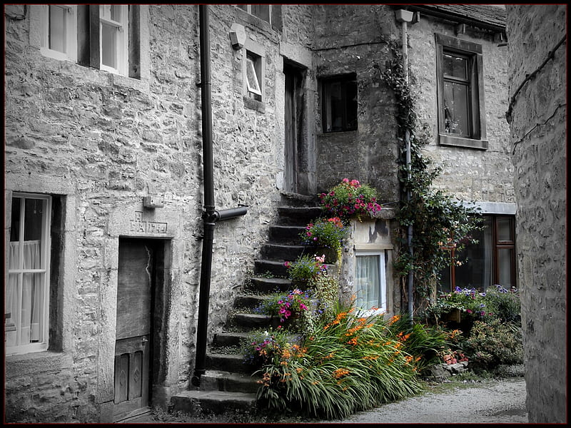 Skipton, flowers, stairs, skipton, HD wallpaper Skipton, flowers, stairs, skipton, HD wallpaper