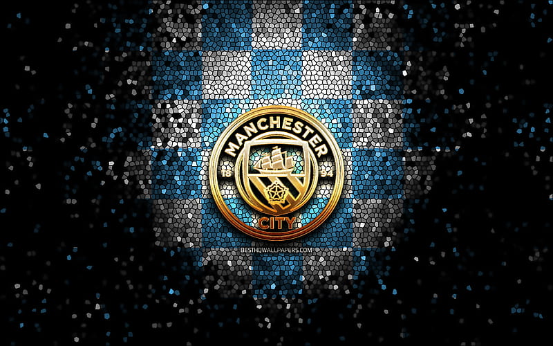 Manchester City FC, glitter logo, Premier League, blue white checkered  background, HD wallpaper | Peakpx