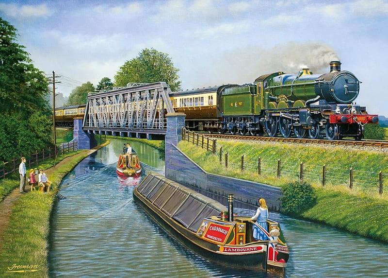 End of an Era, train, ship, bridge, canal, painting, steam, artwork, HD wallpaper