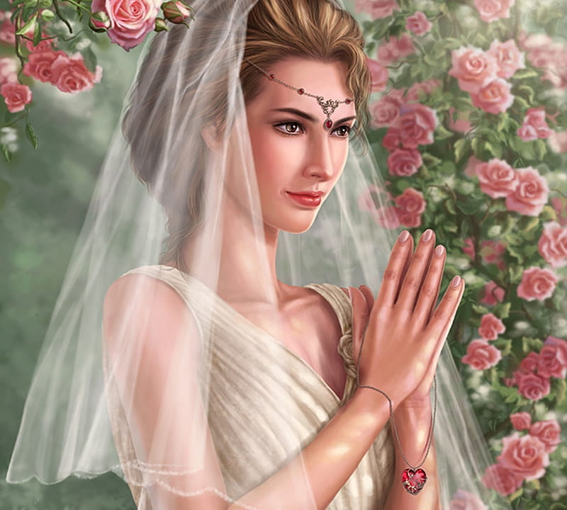 Bride, flower, purity, pink, crystal rain, rose, luminos, fantasy, girl, green, white, HD wallpaper