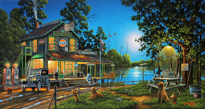 Dixie Hollow, house, gasoline, car, painting, trees, lake, artwork, dogs, HD wallpaper
