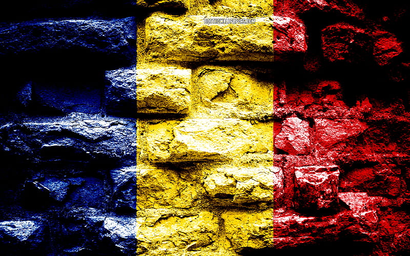 Chad flag, grunge brick texture, Flag of Chad, flag on brick wall, Chad, flags of Africa countries, HD wallpaper