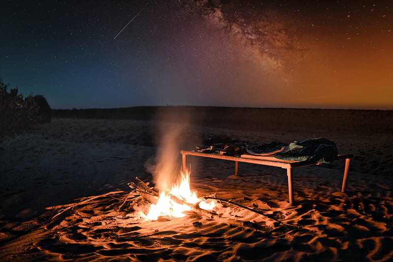 bonfire, fire, beach, night, dark, HD wallpaper