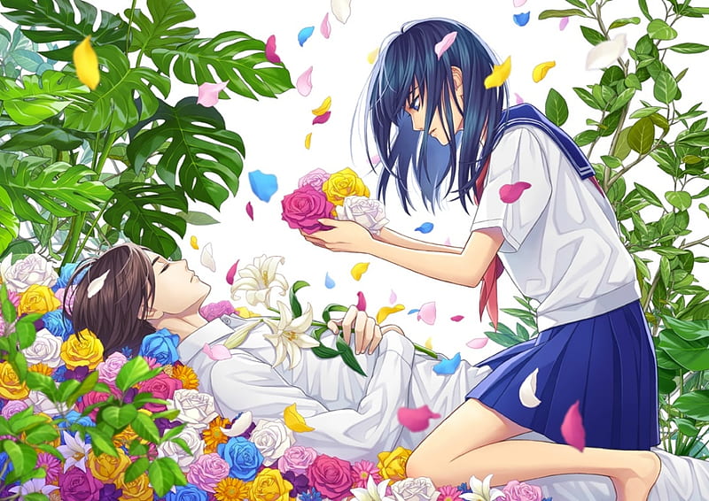Wake up, my love!, sleep, manga, minami, girl, green, anime, flower, petals, couple, HD wallpaper
