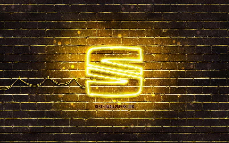 Seat yellow logo yellow brickwall, Seat logo, cars brands, Seat neon logo, Seat, HD wallpaper