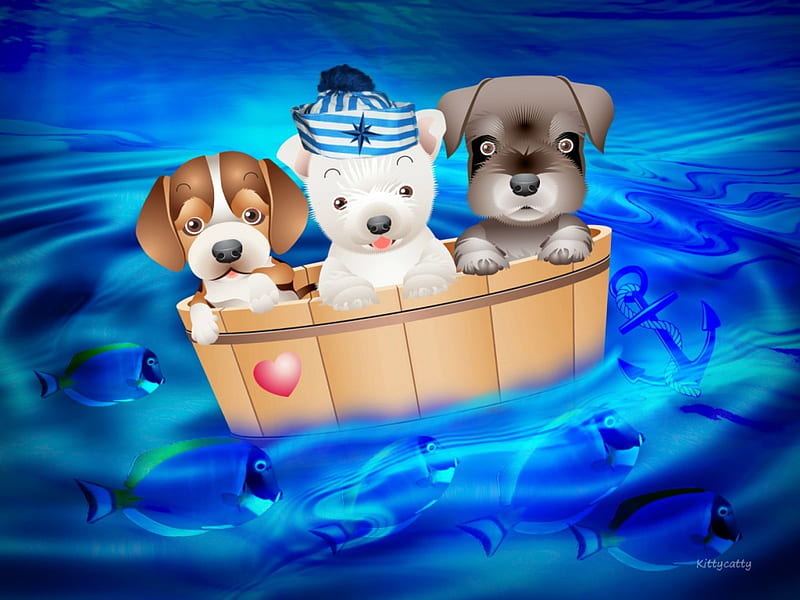 Little Skipper , anchor, skipper, oecean, sea, cute, boat, water, heart, fisch, friends, dogs, dog, blue, HD wallpaper