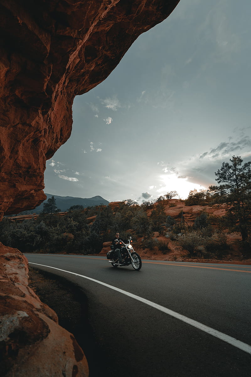 motorcycle, bike, biker, rider, road, rocks, HD phone wallpaper
