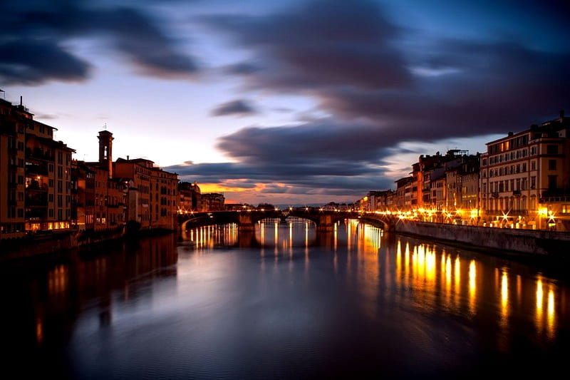 italy, florence, river, tuscany, night, arno, bridge, graphy, city, HD wallpaper