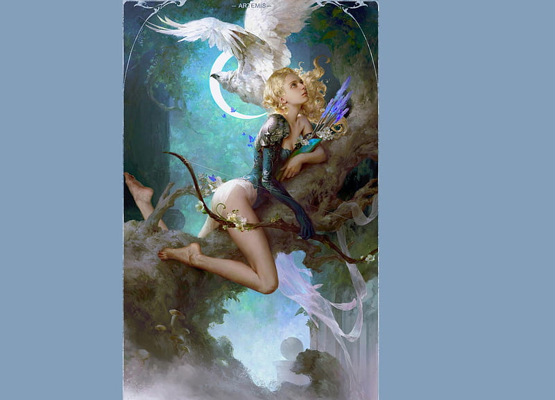 Artemis, hgjart, white, owl, art, frumusete, luminos, goddess, fantasy, bird, girl, flower, pasari, HD wallpaper