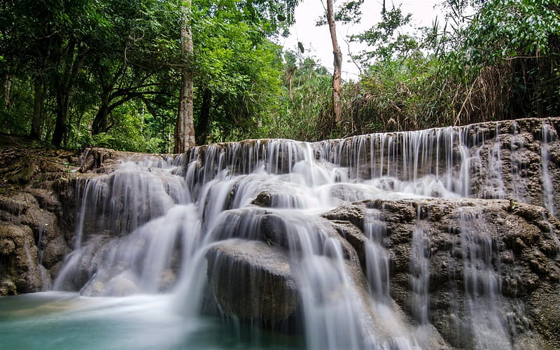 stream, forest, laos, waterfall, HD wallpaper