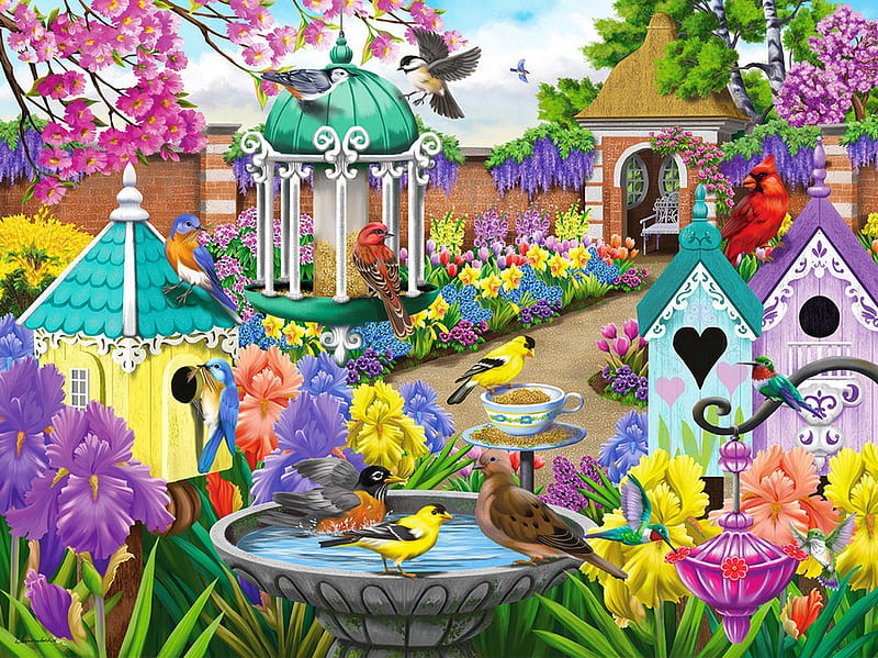 At home in the victorian garden, colorful, art, birdbath, victorian, birds, home, spring, fun, birdhouses, joy, cardinals, flowers, garden, gazebo, HD wallpaper