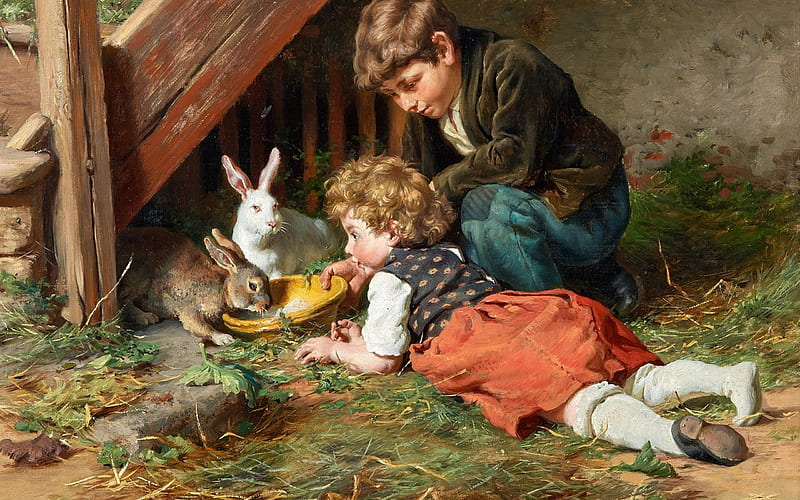 Feeding in the afternoon, felix schlesinger, children, copil, painting, bunny, art, rabbit, boy, girl, pictura, couple, HD wallpaper