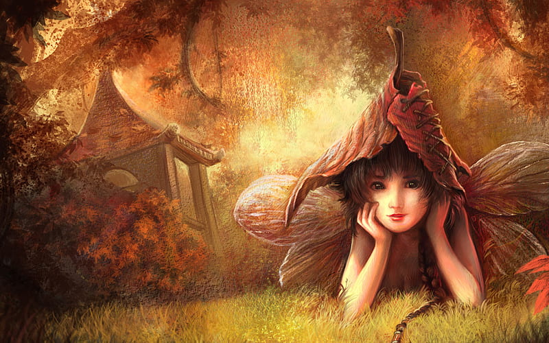 Lonely fairy, innocence, hut, house, brown, woods, gold, child, fairy, forest, leave hat, wings, golden, leave, trees, girl, autumn colors, rust, HD wallpaper